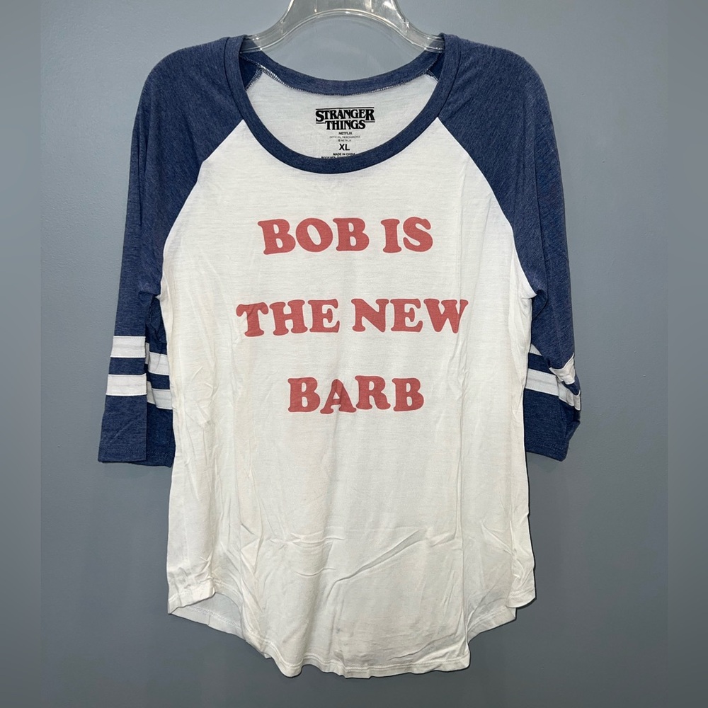 Stranger Things “Bob Is The New Barb” Blue and White Raglan Tee